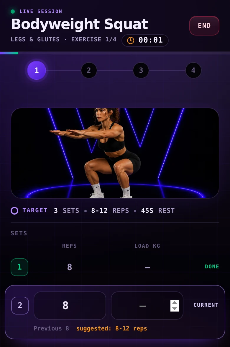 Workstr active session screen: Bodyweight Squat, exercise 1 of 4, a running workout timer, four set-progress circles, the exercise image, a target of 3 sets of 8-12 reps, set 1 marked done and set 2 open for entry.