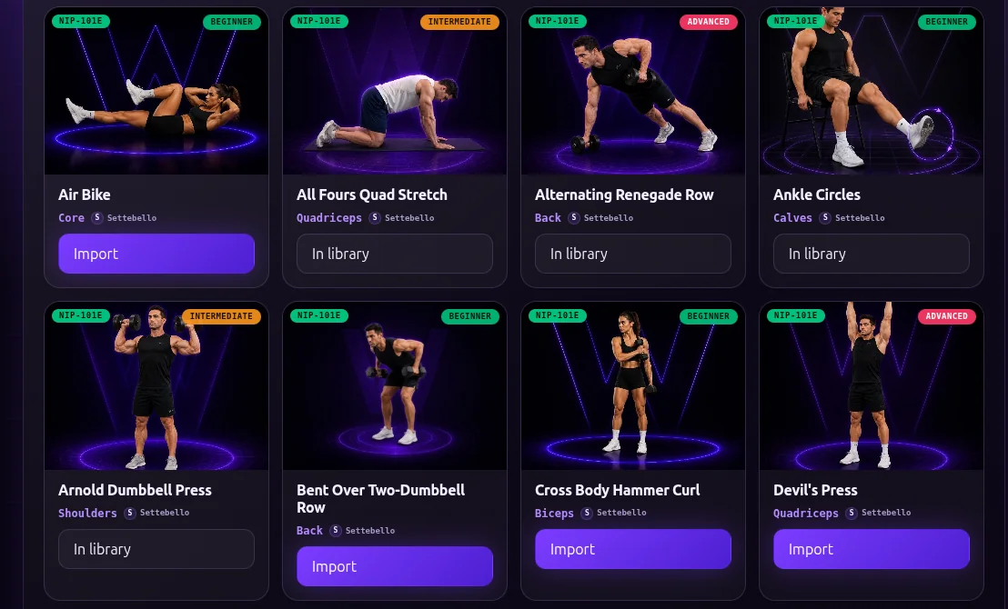 Workstr exercise library: cards with photos for exercises like renegade rows and Arnold presses, each labelled with target muscle and difficulty, with one-tap import buttons