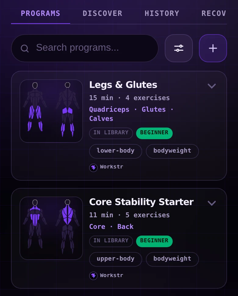 Workstr programs screen with a search field, filter controls and program cards for Legs and Glutes and Core Stability Starter, each showing duration, exercise count, target muscles and a beginner tag.