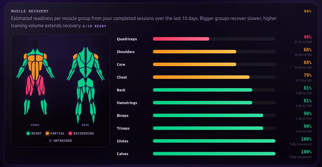 Workstr muscle recovery screen: a body map and per-muscle readiness bars showing which muscle groups are ready, partially recovered, or still recovering
